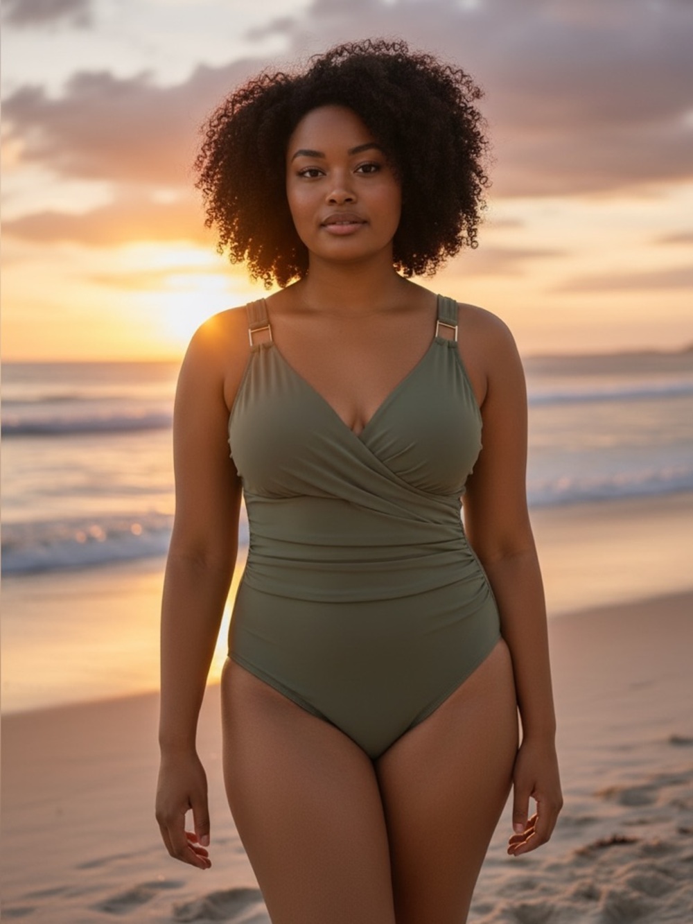 SPANX One Piece Swimsuit 14 Olive Tummy Control Shaping Wrap Front